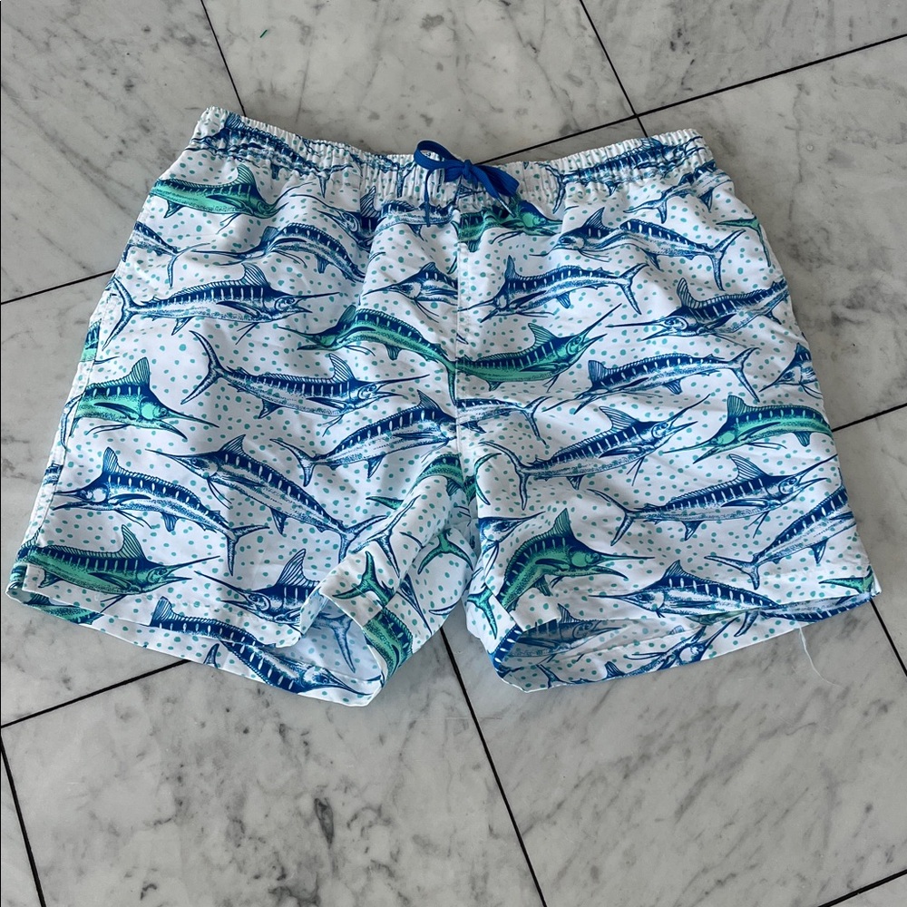 Men's White Swim Trunks with Blue & Green Marlin Print